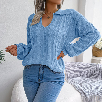 Clearance Sale: Autumn/Winter European and American Style Casual Turn-Down Collar Cable Knit Lantern Sleeve Sweater - Amazon Cross-Border Women's Fashion