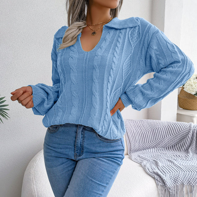 Clearance Sale: Autumn/Winter European and American Style Casual Turn-Down Collar Cable Knit Lantern Sleeve Sweater - Amazon Cross-Border Women's Fashion