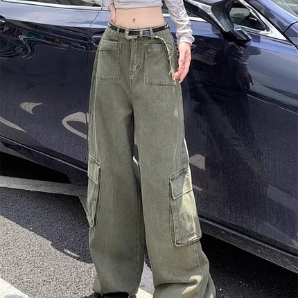 Extra Large Size Army Green 2026 New High-Waisted Slimming Casual Cargo Pants Loose Hip-Covering Straight-Leg Jeans