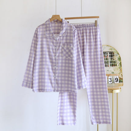 Couple's Long Sleeve Trousers plus size Plaid Simple Pajamas suit Spring and Autumn Cotton Brush Fleece Soft Home Clothes