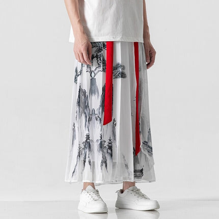 2025 New Men's Summer Chinese Style Han Dynasty Ancient Style One-Piece Culottes Unisex Pleated Horse Face Skirt Wholesale