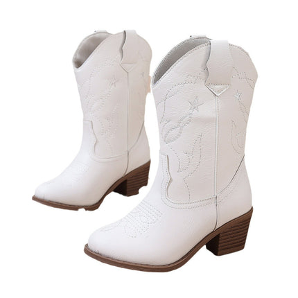 White Embroidered Random Irregular Chunky Heel Round Toe Pedal Elegant Knight Boots New All-Match Fashion Girl Boots
