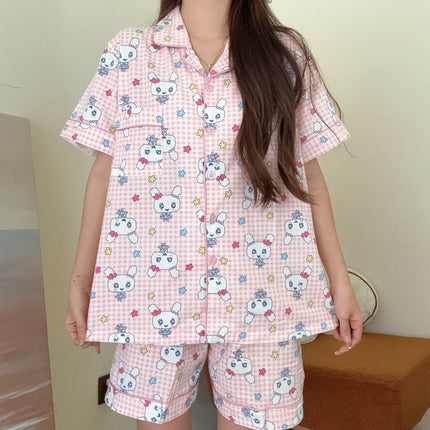 Cute Tamagotchi Pajamas for Women, Summer Short-Sleeve Shorts, Thin Cotton Cartoon Japanese-Style Plaid Loungewear