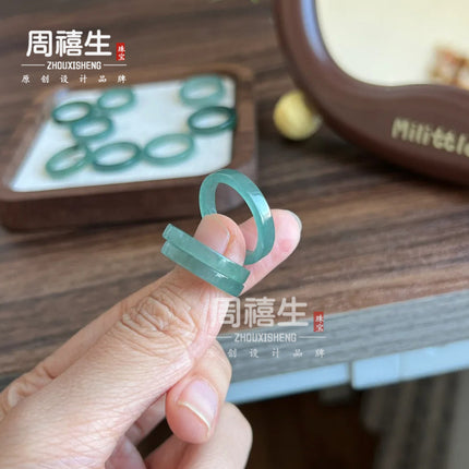 Wholesale Natural A-Grade Blue Jade Ring Plain Band Women's Tail Ring Jade Men's Niche Design Index Finger Couple Ring