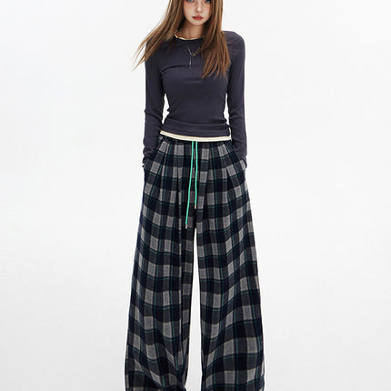 Korean Style Plaid Sanding Drawstring Casual Pants Women's Autumn and Winter New Wide Leg Pants 2024 Slimming All-match Mop Pants