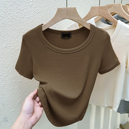 2025 New Summer U-Neck Right Shoulder T-Shirt Slim Design Niche Short-Sleeved Sexy Small Top for Women Export