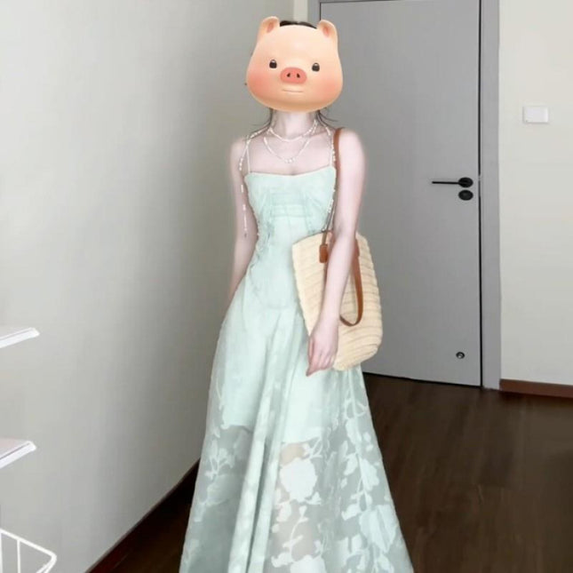 French Mint Green Suspender Dress for Women Summer 2025 New Spring Wear Seaside Resort Style Waist Long Skirt