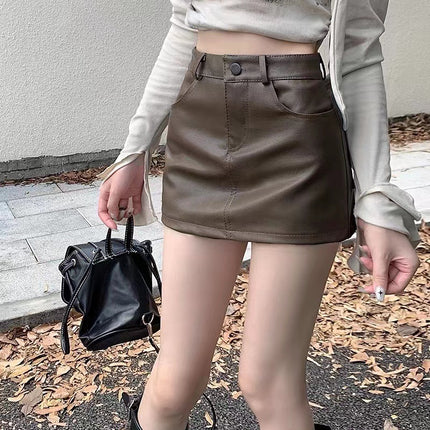 Black Versatile High Waist PU Leather Pants Women's 2024 Autumn New Slimming High-end Light Luxury Short Skirt Skirt Outer Wear