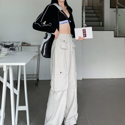 American casual overalls 2025 spring new design sense multi-pocket loose wide leg pants Denim floor pants