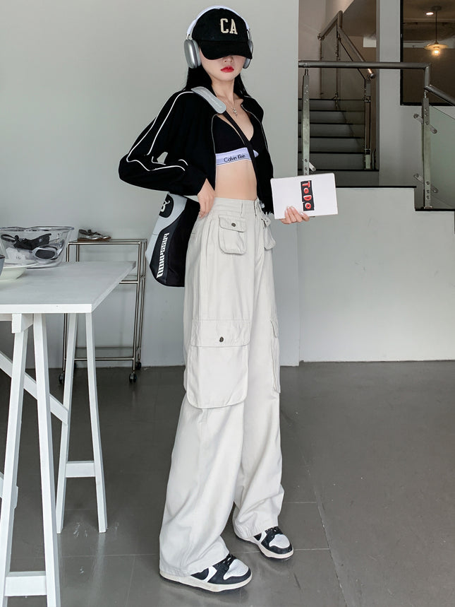 American casual overalls 2025 spring new design sense multi-pocket loose wide leg pants Denim floor pants