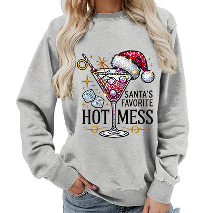 Amazon source hot mess wine glass printed round neck jacket sweater European size European and American women's coat long sleeve Asia