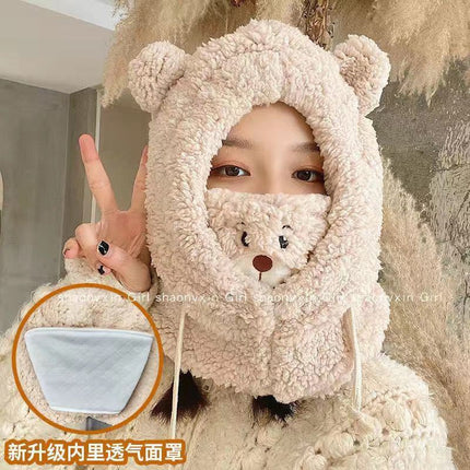 Autumn and Winter Hats for Women, Cute Plush Scarf, Thickened Integrated Neck Warmer, Plush Hat for Cycling, Warm Ear Protection Hat