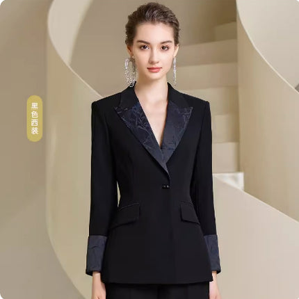 Spring and Autumn Fashion High-end Sense Satin Stitching Black Business Dress Elegant Goddess Fan Micro-pants Suit suit OL