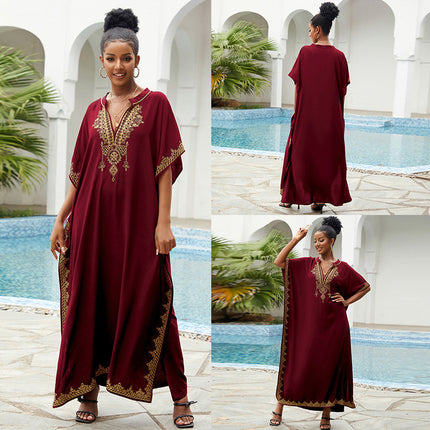 New Style Rayon Loose-Fitting Plus-Size Vacation Beach Cover-Up with Stand Collar, Long Dress for Women, Bikini Cover-Up, Swimsuit Outerwear