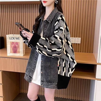Design Sweater Stitching Denim Coat Women's Autumn and Winter 2024 New Loose Lazy Thickened Western Style Top