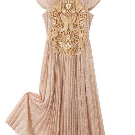 L6961 2025 summer women's new round neck applique decorative mesh pleated short sleeve dress