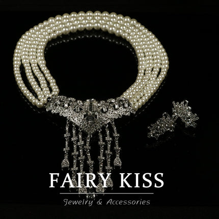 Middle Ancient New Style Heavy Industry Pearl Necklace Inlaid with Zircon Love Shining Tassel Pendant Exquisite 925 Earrings Women's Set