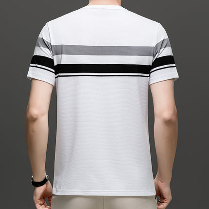 Mingdi Mouse Summer New All-match Loose T-shirt Casual Round Neck Striped Short-sleeved Young and Middle-aged Men's T-shirt Top