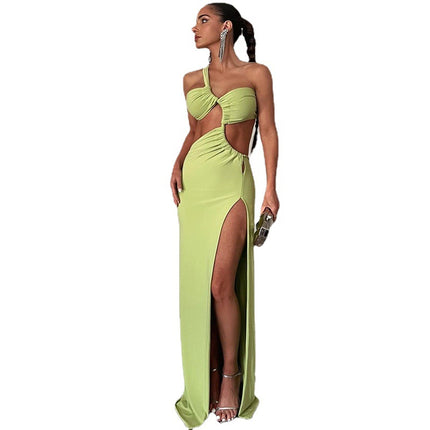 European and American style crossbody dress solid color pullover sexy backless evening dress long socialite style split skirt foreign trade