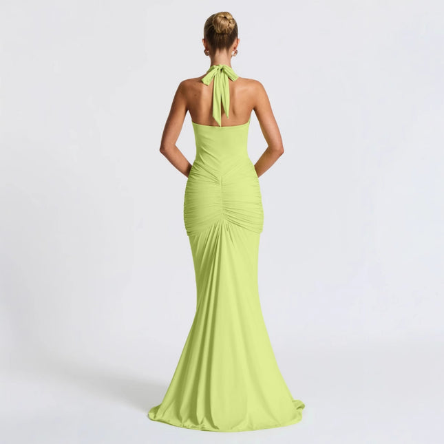 Celebrity Style Cross-Border New Long Dress Solid Color Halterneck Hollow Ribbon Lace-Up Light Luxury High-End Sexy Dress