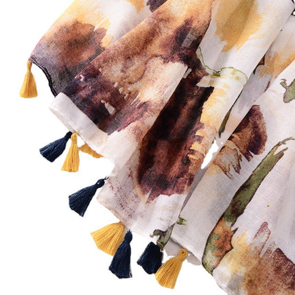 Elegant soft silk yarn cotton and linen feel scarf ink painting long tassel large scarf travel sunscreen beach towel