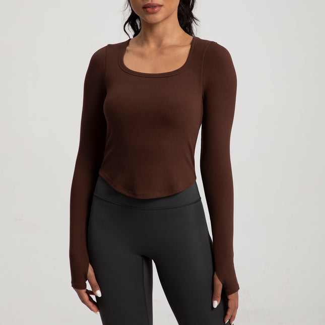 Autumn and Winter New Yoga Clothing Women's One-piece Cup with Chest Pad Naked Sense Slim-fit Slimming T-shirt Sports Fitness Long-sleeved Top