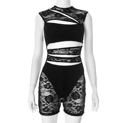 2025 Cross-Border New Season Women's Sleeveless Lace Cut Out Stitching Fashion Sexy Sexy Nightclub Jumpsuit Trend