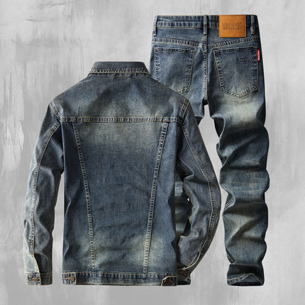 2024 autumn and winter new fashion brand American Denim suit men's classic simple Joker washed elastic Denim