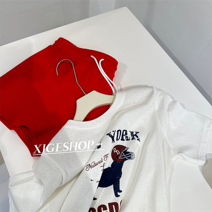 American Style Retro Printed Dog Letter Short-sleeved T-shirt Women's All-match Loose White Casual Korean Style Top Cartoon T-shirt for Summer