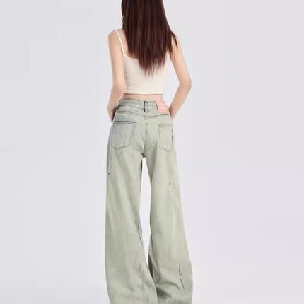 Cross-border American-style High Street Willow Nail Pleated Explosions Popular Design Element Straight Jeans Women's 2024 New Fashion