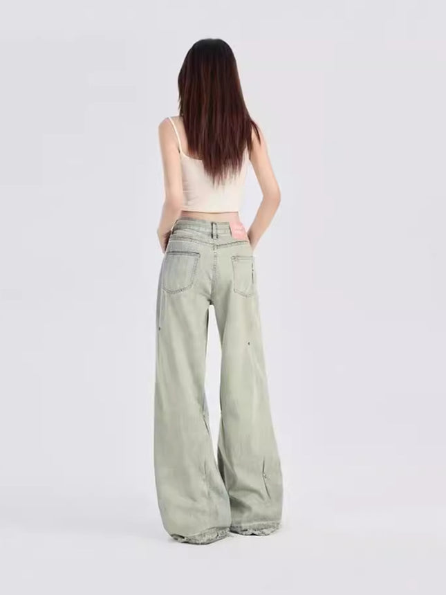 Cross-border American-style High Street Willow Nail Pleated Explosions Popular Design Element Straight Jeans Women's 2024 New Fashion