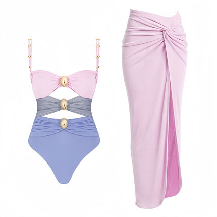 2025 European and American foreign trade new bikini AliExpress skirt swimsuit Amazon solid color stitching one-piece swimsuit women