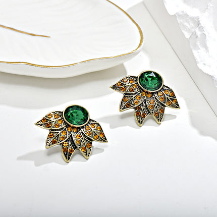 Cross-Border European and American Full Diamond Leaf Earrings Retro Crystal Hd Marking Sea Silver Needle Diamond Leaf Petal Earrings