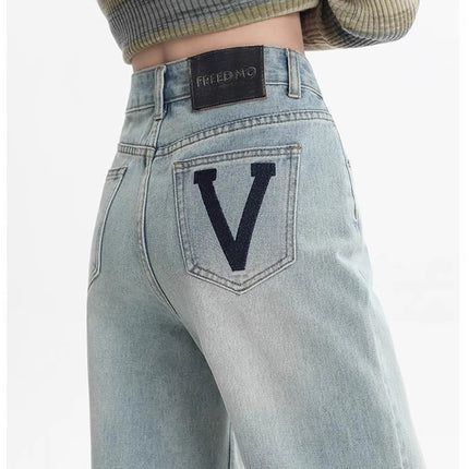 High Waist Retro Wide Leg Jeans Women's Trendy All-match New Printed Loose Slim-fit Straight Pants