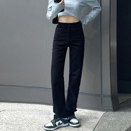 Women's High-Waisted Black Straight-Leg Jeans, New for Autumn 2025, Stretchy, Extended Length, Slightly Flared, Slimming Wide-Leg Pants