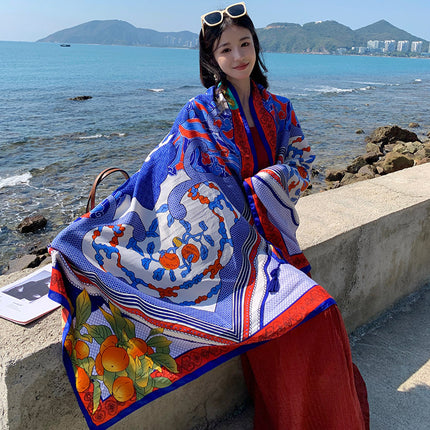 Ethnic Style Printed Silk Scarf Women's Seaside Travel Sun Protection Gauze Air Conditioning Warm Scarf Versatile Long Shawl