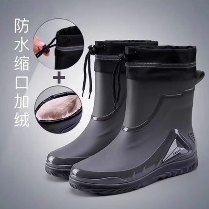 Men's Rain Boots with Cuffs, New Waterproof Shoes, Outdoor Drawstring Boots, Kitchen Non-Slip Work Rubber Shoes, Fleece-Lined Warm Rain Boots