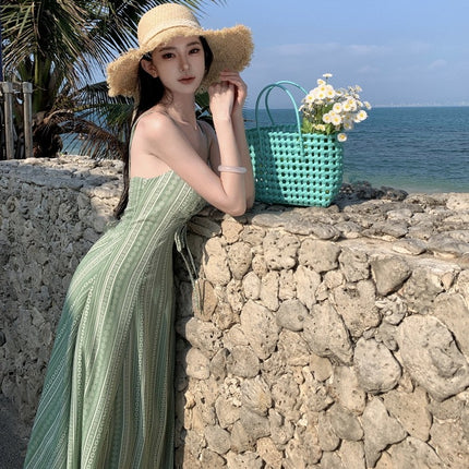Real Shot New Light Green Printed Sling dress Yunnan Seaside Holiday Lou Super Slim-fit Back Long Dress for Summer