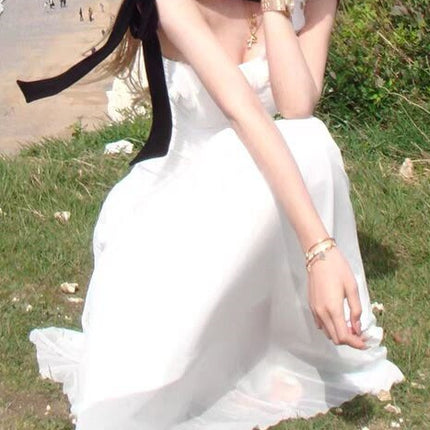 The Arrival of the Goddess of Beauty, Small White Flower Series, Slanted Shoulder Flower Knitted Mesh Sleeveless Top/Dress