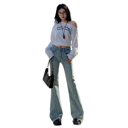 Vintage light blue-Edge Micro-Lar Jeans Women's 2025 Spring New Design High Waist Slim-Fit Slimming Horseshoe Pants