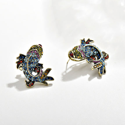 Cross-Border Medieval Vintage Koi Full Diamond Earring Clip French Retro S925 Silver Needle Marking Hd Goldfish Earrings