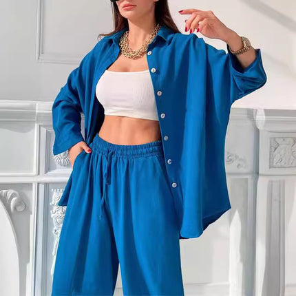 European and American Cross-Border 2025 Spring New Casual Suit Pure Color Lapel Long-Sleeved Shirt Top Harem Pants Two-Piece Set