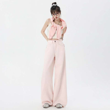 Wholesale Dropshipping Trendy Spring and Summer High-Waisted Loose Straight Wide-Leg Pants with Playful Pink Floor-Length Design
