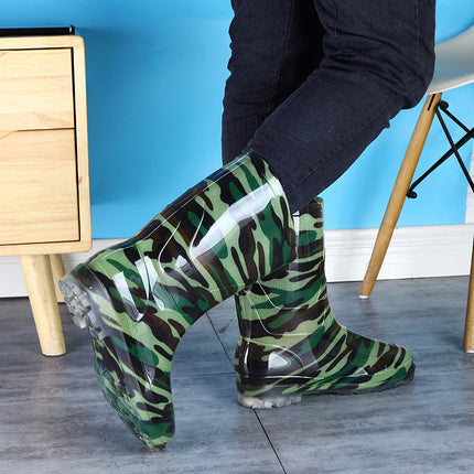 Military Rain Boots Camouflage Mid-Tube Non-Slip Waterproof Shoes Outdoor Fishing Rubber Shoes Overshoes Labor Warm Rain Boots Water Boots