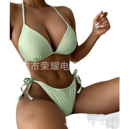 2024 New Foreign Trade Cross-border Bikini Solid Color Swimwear European and American Strap Swimsuit Women's Hard Bag Gather Bikini