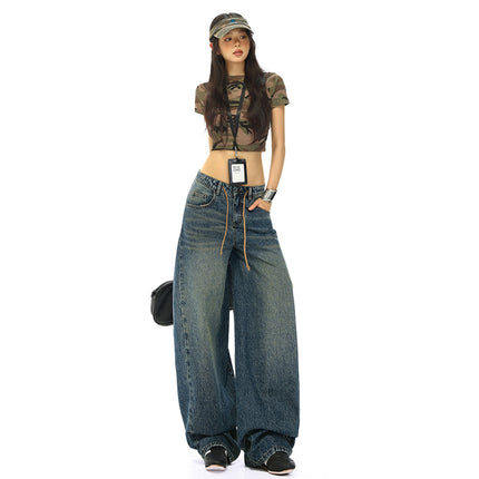 Retro Drawstring High Waist Wide Leg Jeans for Women 2025 Summer New Sexy Straight Loose Slimming Look Floor Mopping Pants