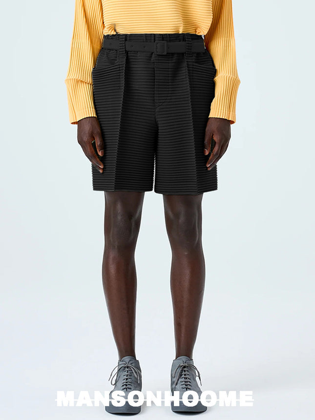 Minimalist Series | Advanced Design Miyake Style Pleated Horizontal Arc Solid Color Loose Shorts JF278