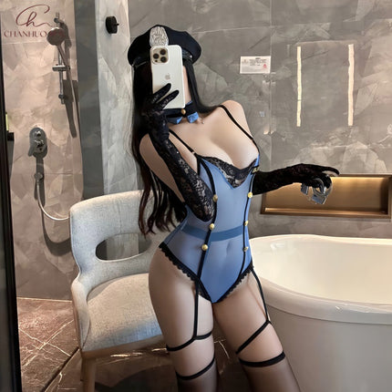 Chanhuo Sexy Intimates Women's New Uniform Temptation Elegant Royal Sister Cos Policewoman Mesh Sexy Jumpsuit 9304