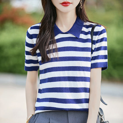 New Summer Women's Knitted Short-Sleeved Korean Style Polo Collar Stripesd Contrast Knitted T-Shirt Jacket Women's Tops Wholesale