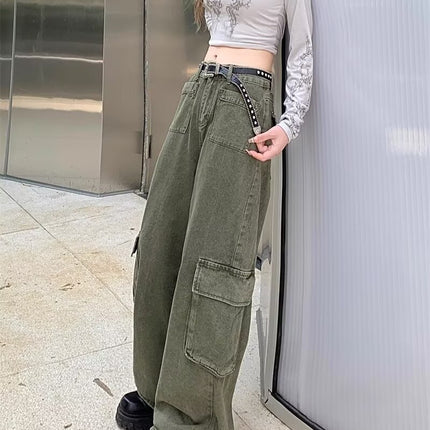Extra Large Size Army Green 2026 New High-Waisted Slimming Casual Cargo Pants Loose Hip-Covering Straight-Leg Jeans